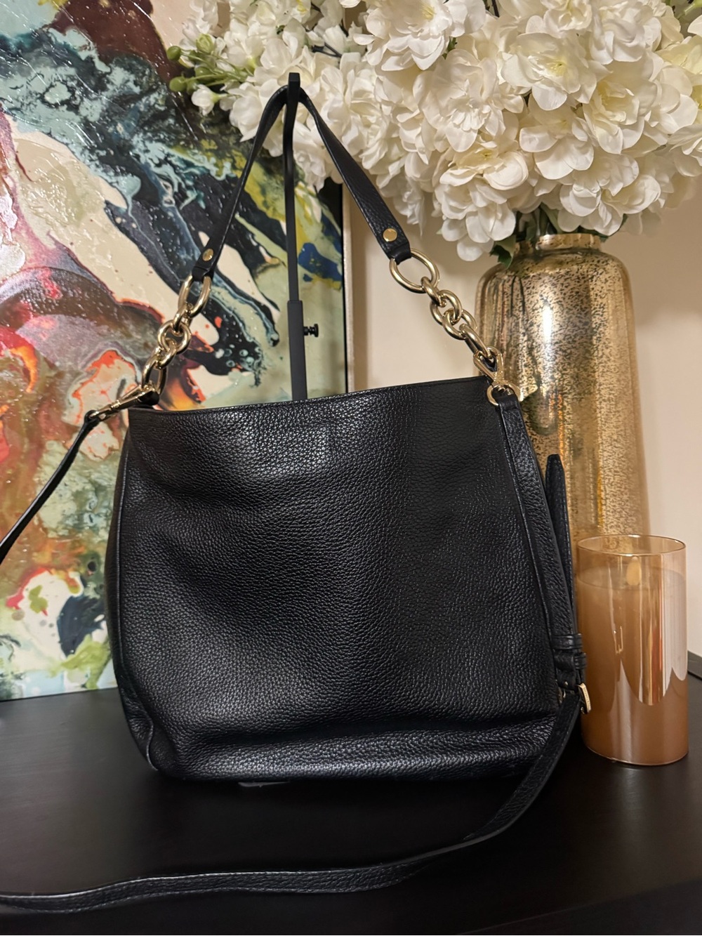 Michael Kors Black Pebbled Leather Hobo Shoulder Bag with Gold Hardware - Picture 5 of 9